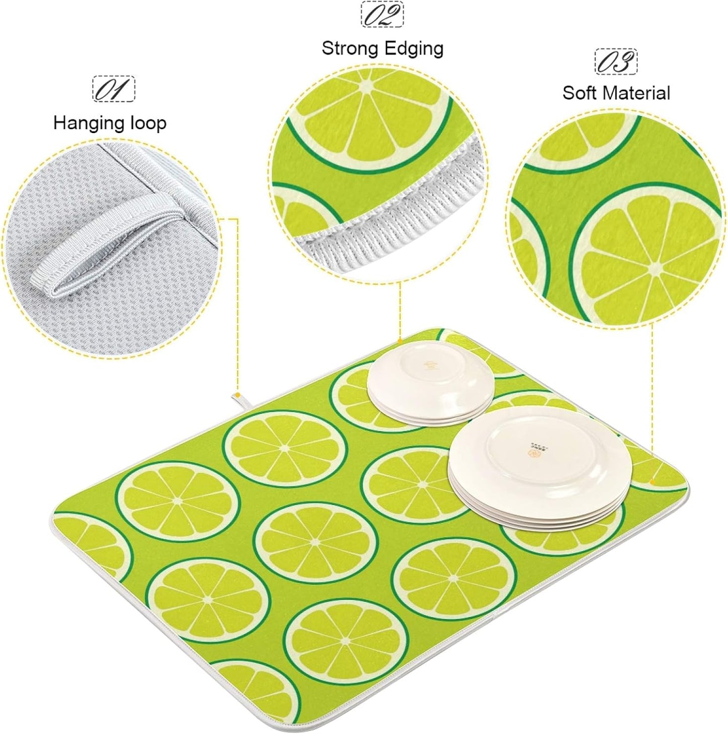 Fruits Sliced Lemon Dish Drying Mats 16 x 18 Inch Super Absorbent Microfiber Dish Drainer Rack Mats Soft Heat Resistant Drying Protector Pad for Kitchen Counter Sinks Dining Table