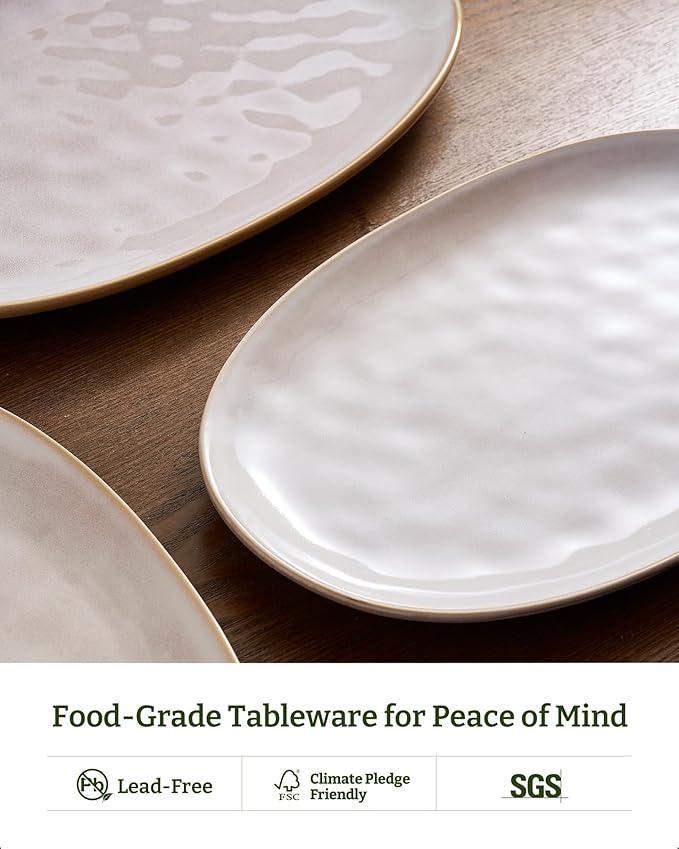 famiware Serving Platter, Oval 15.59/14.3/12.9 inch Serving Dishes for Entertaining, Serving Bowls, Microwave Safe, Stonware Serving Trays for Party, Turkey, Cheese, Ocean Series, Cappuccino White