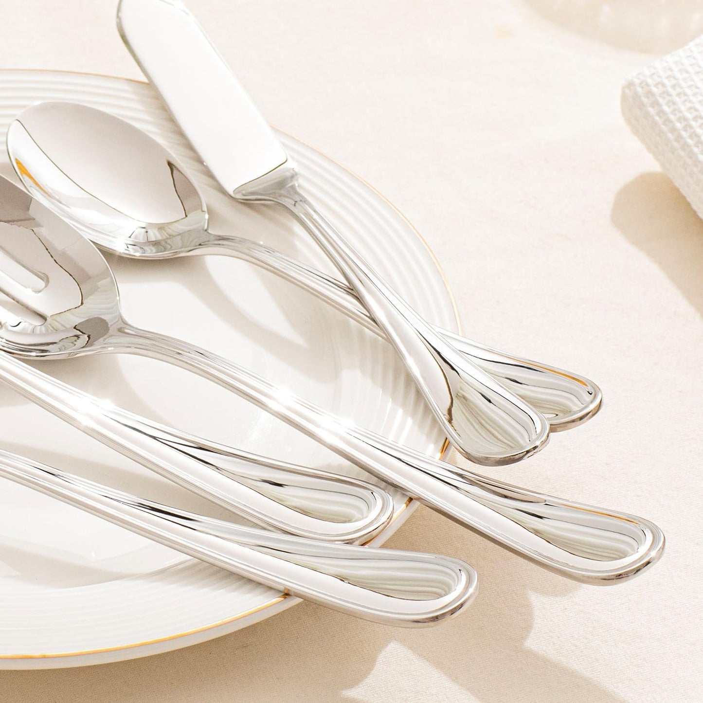 KINGSTONE 65 Piece Teardrop Silverware Set With Serving Utensils, 18/10 Stainless Steel Flatware Set, Modern Design Cutlery Set for Home/Hotel/Wedding,Mirror Polished and Dishwasher Safe