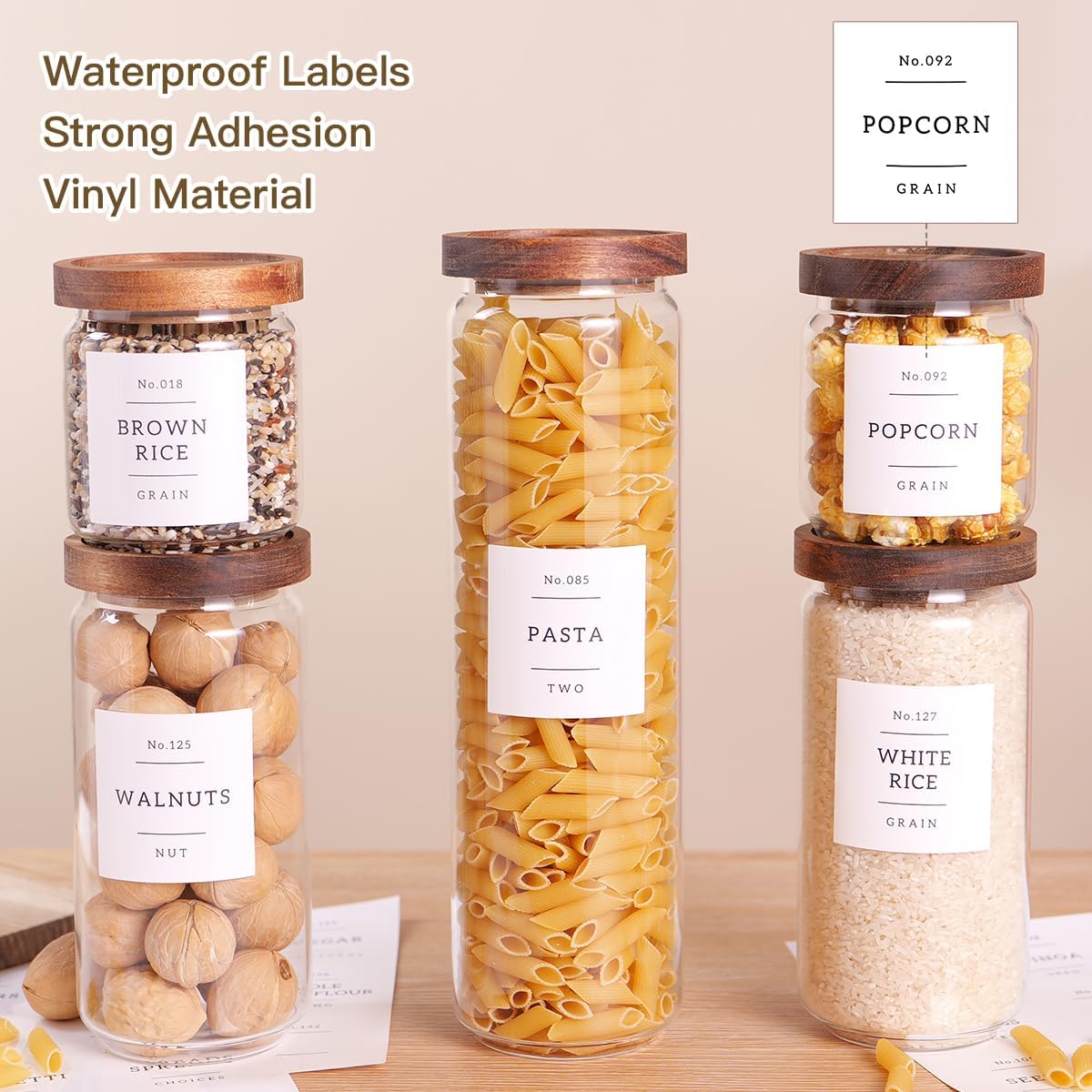 5 Set Glass Pantry Storage Jars with Acacia Airtight Lid - Thicken Glass Kitchen Canisters with 132 Pantry Labels - Clear Glass Food Storage Containers with Wood Lid for Tea,Sugar,Candy,Cookie,Pasta