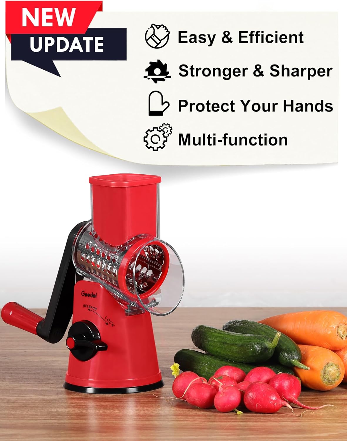 Geedel Rotary Cheese Grater Cheese Shredder - Upgraded 5-in-1 Cheese Grater with Handle and Strong Suction Base, Multi-purpose Vegetable Slicer Ice Shaver Nuts Grinder for Ice, Vegetables, Fruit, Nuts