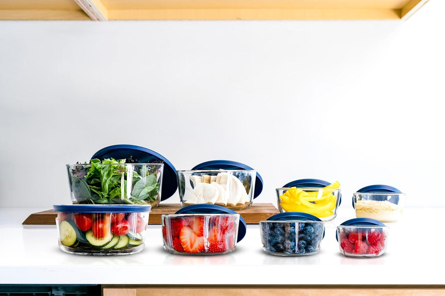 DURA LIVING 16-Piece Glass Food Storage Containers Set (8 Containers + 8 Lids) | Round, Nesting, Microwave & Dishwasher Safe | BPA-Free, Space-Saving | Blue Lids for Pantry & Kitchen Organization