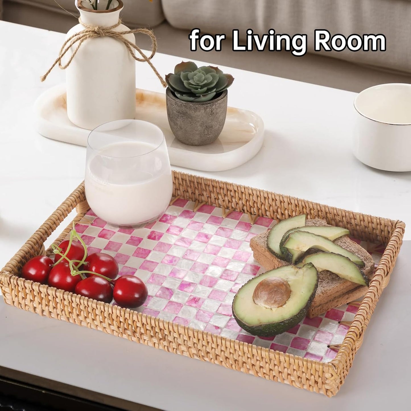 Rectangle Rattan Tray with Mother of Pearl Inlay, Rattan Serving Tray with Handle for Coffee, Bread, Fruits, Decorative Wicker Tray for Table Decor (Rectangle Pink Checkerboard, 13"×9")