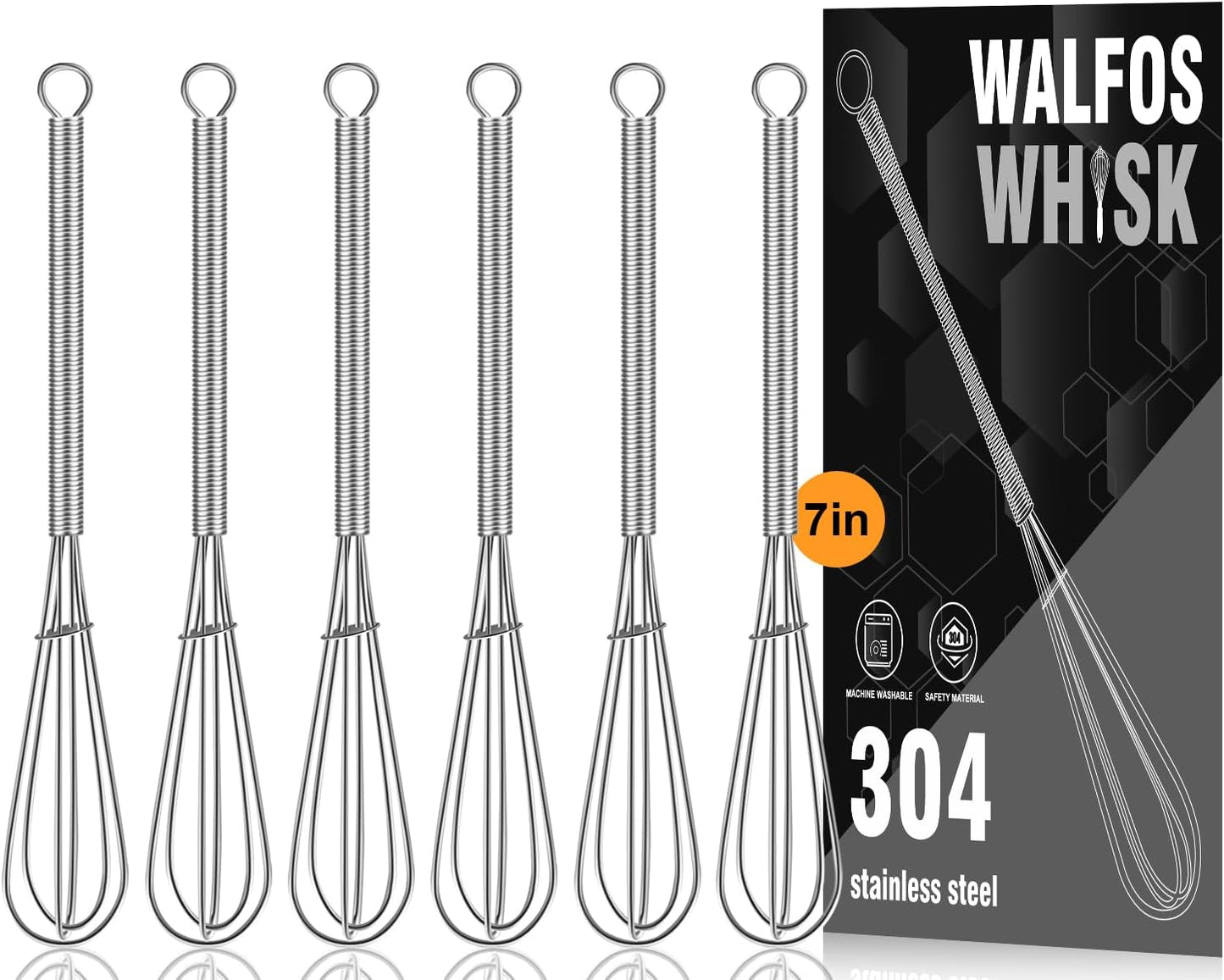Walfos Mini Whisks Stainless Steel 6pcs; 7" - Small Whisk for Whisking, Beating Eggs, Mixing Sauces, Blending Ingredients