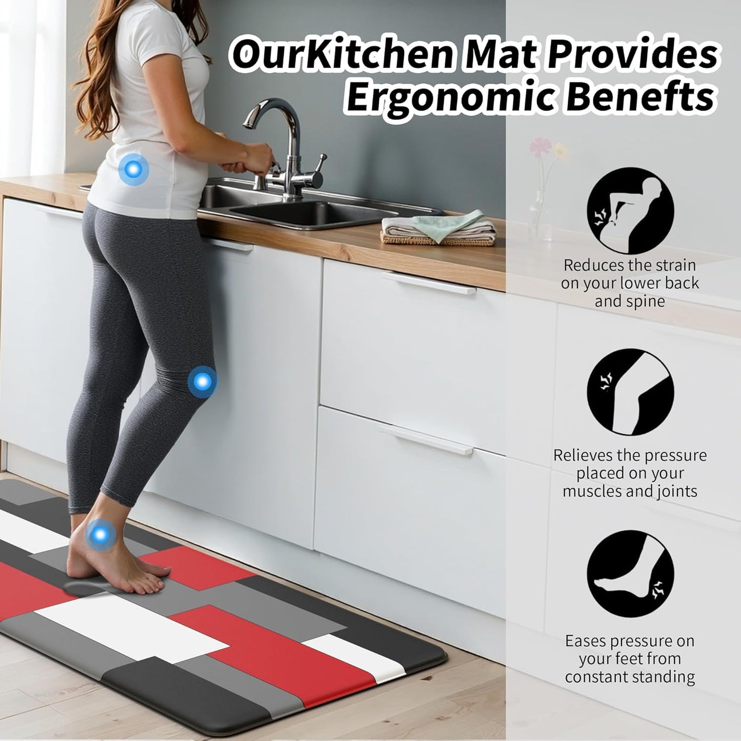 Black White Red Blue Yellow Kitchen Rug Anti-Fatigue Kitchen Mat for Floor Abstract Geometric Waterproof Non-Slip Kitchen Mat and Rug Kitchen Floor Rug Mat for Home Laundry