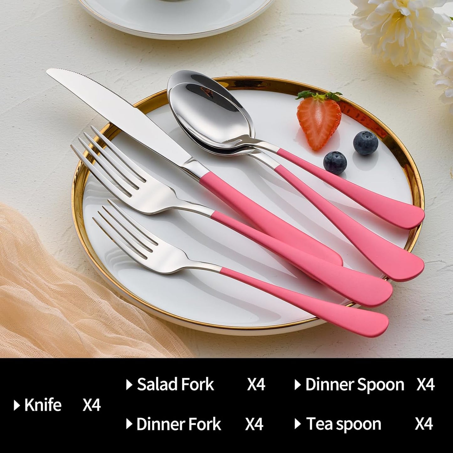 20-Pieces Pink Silverware Sets for 4,Pink Handle Stainless Steel Cutlery Set, Include Forks Spoons and Knives Set, Dishwasher Safe Utensil Sets for Home Restaurant