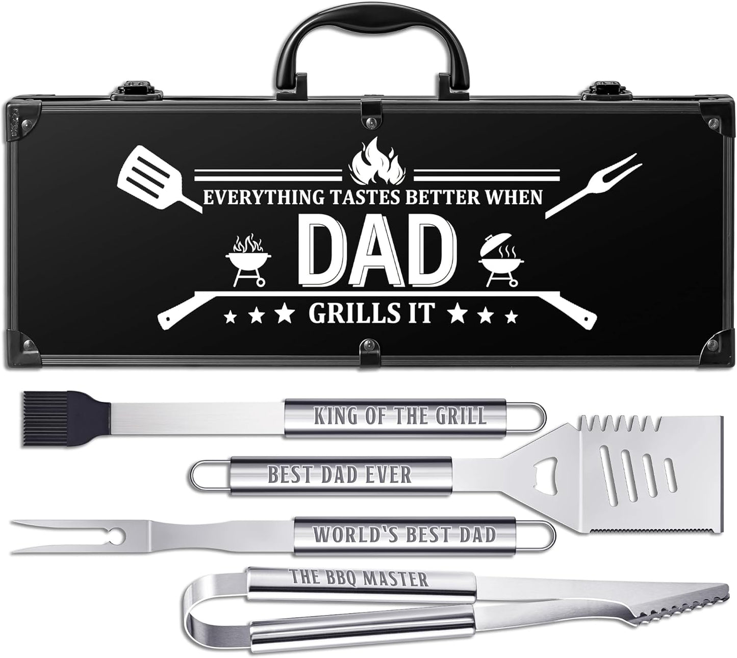 Dad Birthday Gifts, Grilling Accessories, Heavy Duty Stainless Steel Grill Set BBQ Grill Tools for Outdoor Grill with Aluminum Case, Dad Grill Utensils Ideal Christmas Grilling Gift for Men(Black)