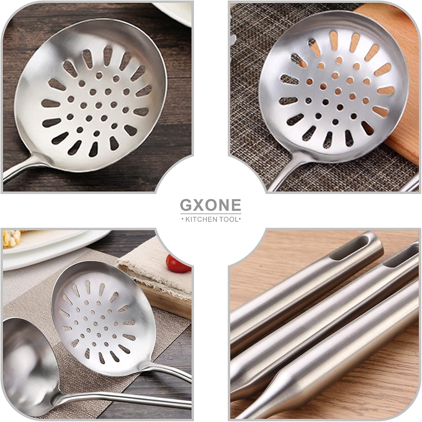Skimmer Slotted Spoon,304 Stainless Steel Slotted Spoon, Handle Mesh Food Strainer Stainless Steel Colander with Hollow Handle Heat Resistant Cooking Tool,Silver/15.1Inch