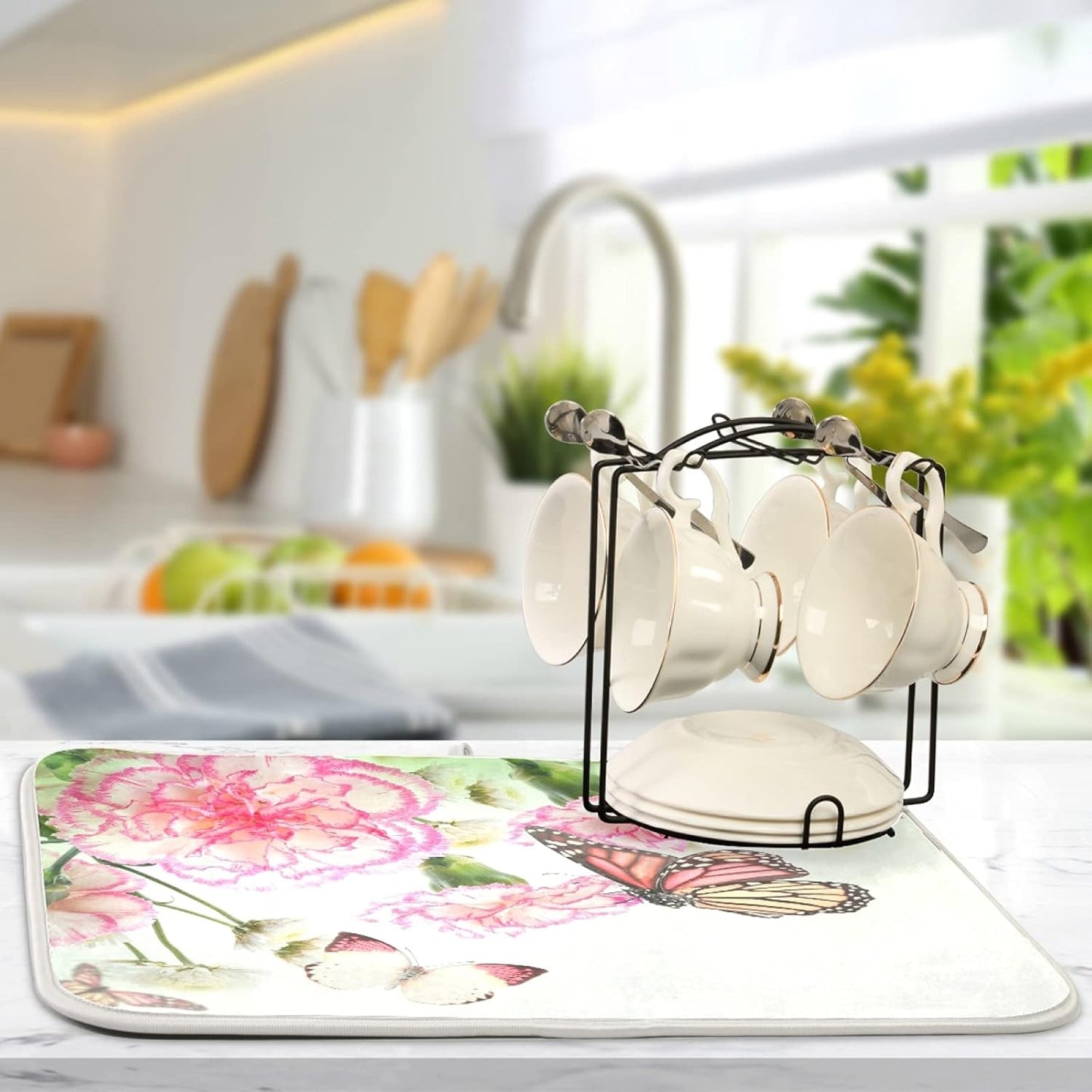 Dish Drying Mat for Kitchen Counter 16 x 18 Inch Pink Roses Butterfly Super Absorbent Microfiber Dish Drainer Rack Mats Soft Heat Resistant Drying Protector Pad