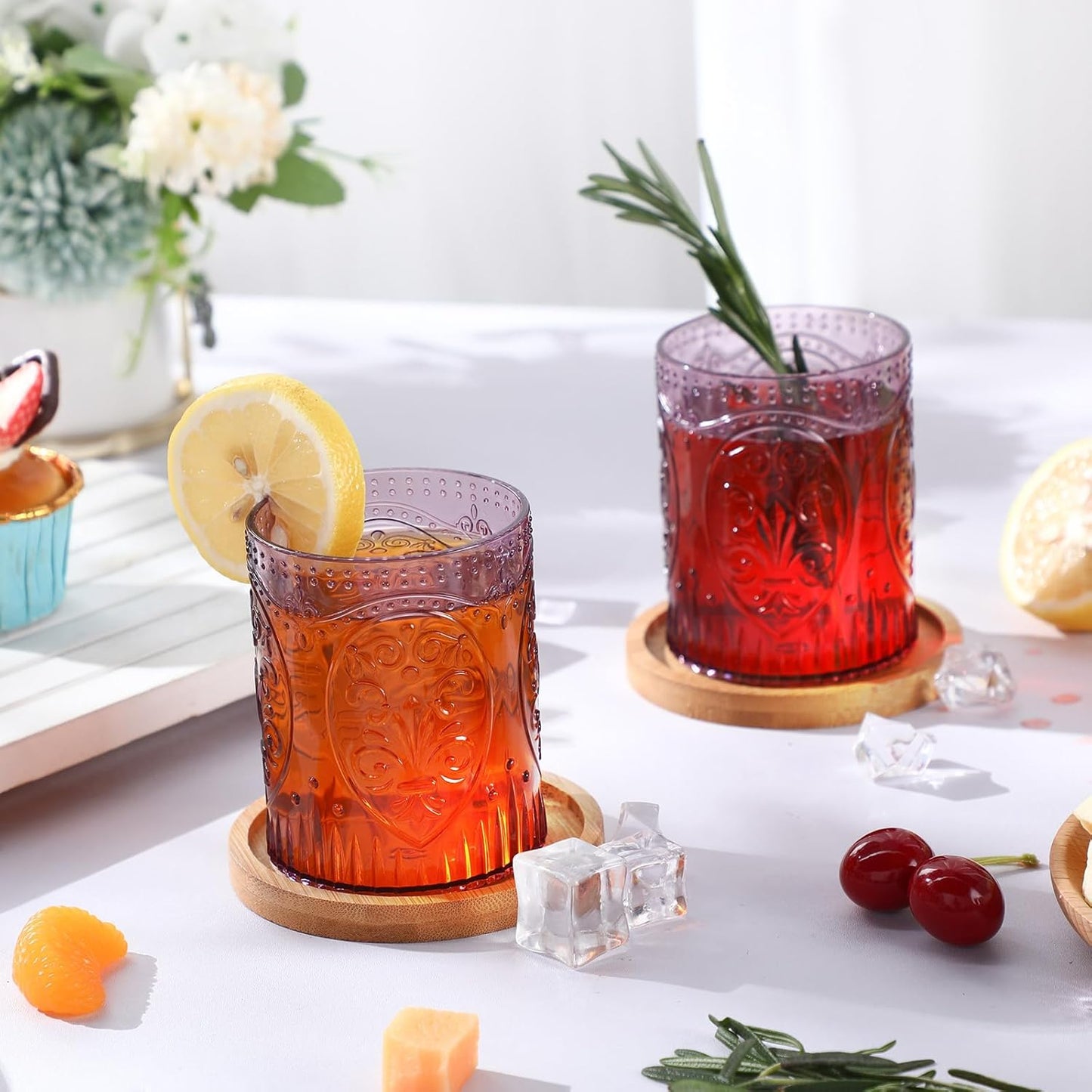 12 Plastic Vintage Drinking Glasses 8.5oz Stemless Retro Embossed Wine Glasses Shatterproof Reusable Cups for Baby Shower Wedding Reception Grand Event Party (Purple)