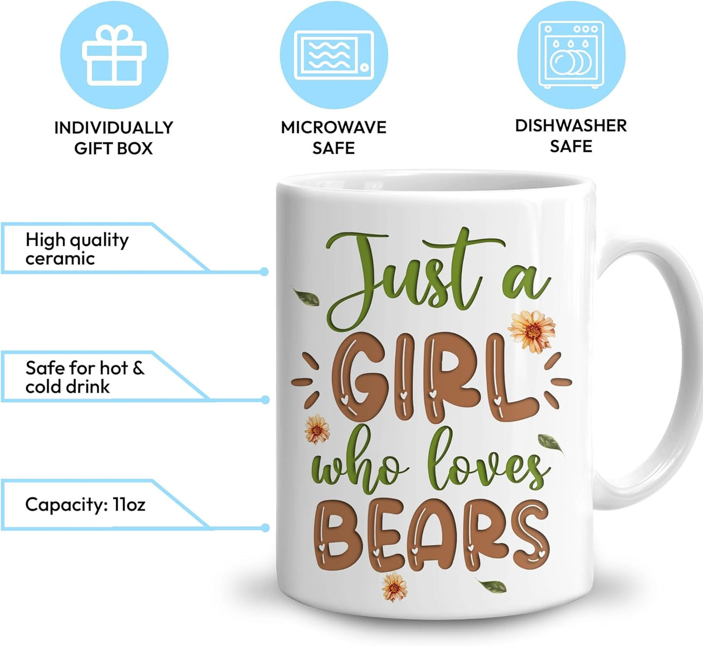 Hyturtle Personalized Gifts Bear Lover - Just A Girl Who Loves Bears Custom Name Ceramic Coffee Mug Cup 11oz - Idea Cute Animal Lover Gifts For Women, Girl Daughter On Birthday, Christmas