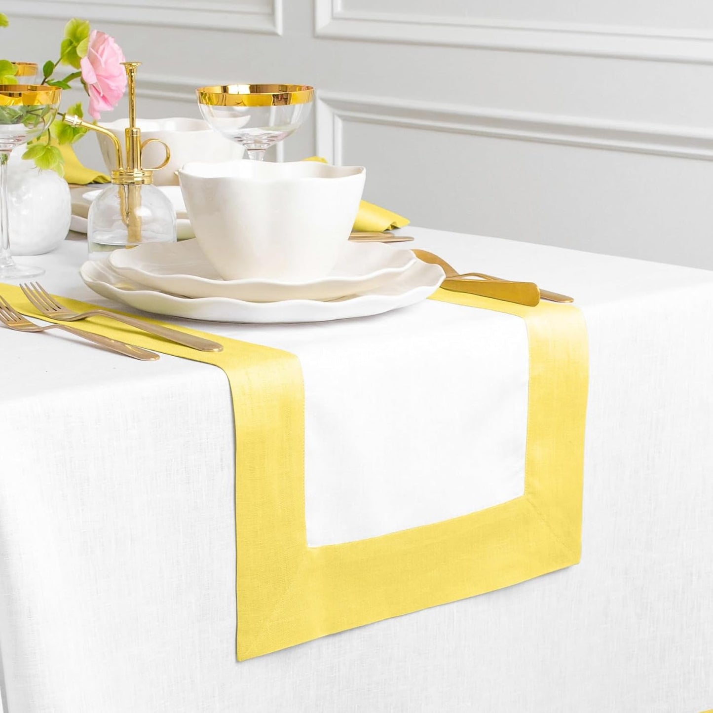 Solino Home Linen Table Runner 72 Inches Long - 100% Pure Linen Sunshine Yellow and White Table Runner 14 x 72 Inch - Contempo