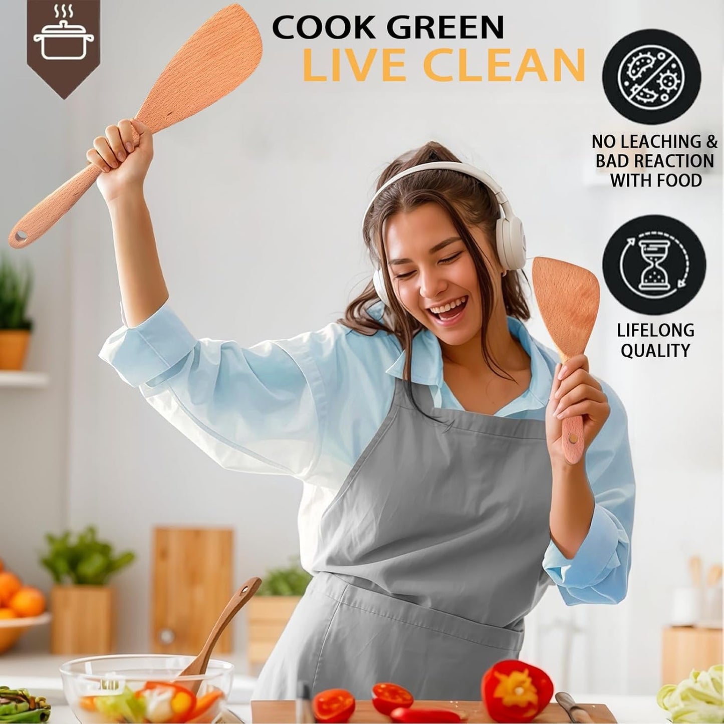 Wooden Spatula for Cooking, 12Inch Wooden Rice Paddle with Long Handle for Cooking, Stirring, Flipping, Serving, Scraping