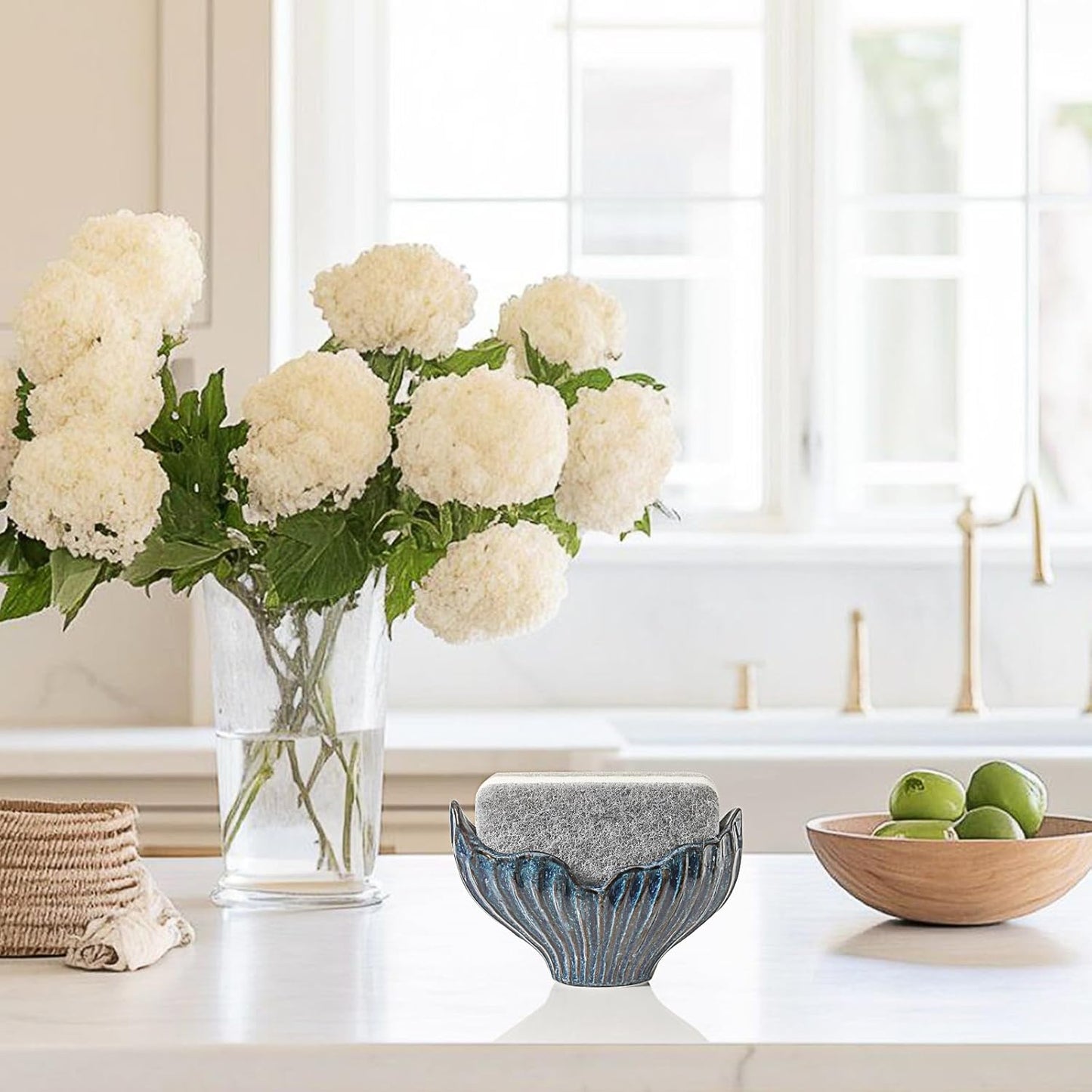 Sponge Holder for Kitchen Sink, Ceramic Sponge Holder with Fishtail Design, Sink Sponge Holder Caddy Organizer for Countertop, Farmhouse Kitchen Decor, Compact Kitchen Sponge Holder(Blue)