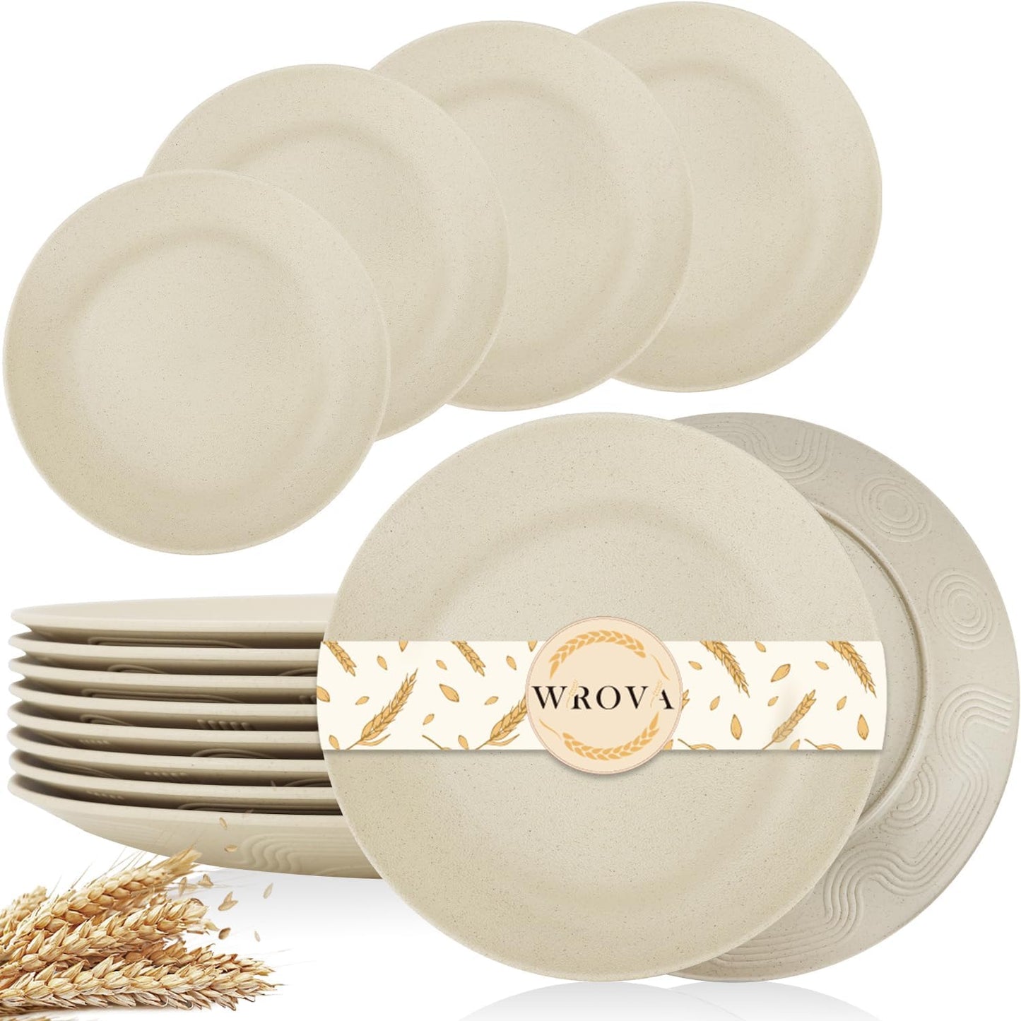 Wrova Wheat Straw Dinner Plates 9 Inch Unbreakable Set of 8 - Dishwasher & Microwave Safe Plastic Plates Reusable - Lightweight Plates for kitchen,camping,salad,appetizer - Beige