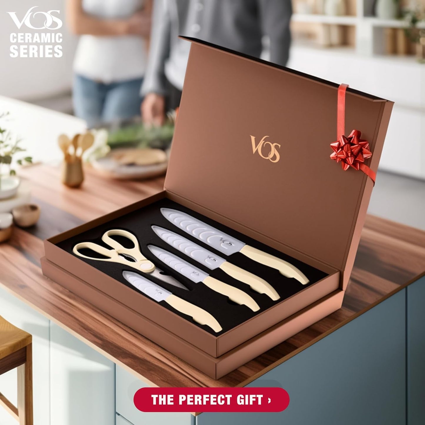 Vos Ceramic Knife Set in Elegant Gift Box, Ceramic Knives Set For Kitchen, Ultra Sharp Kitchen Knife Set & Covers, 3" 4" 5" 6" Paring, Santoku, utlity & Chef Knife, Scissors included (Off-White)