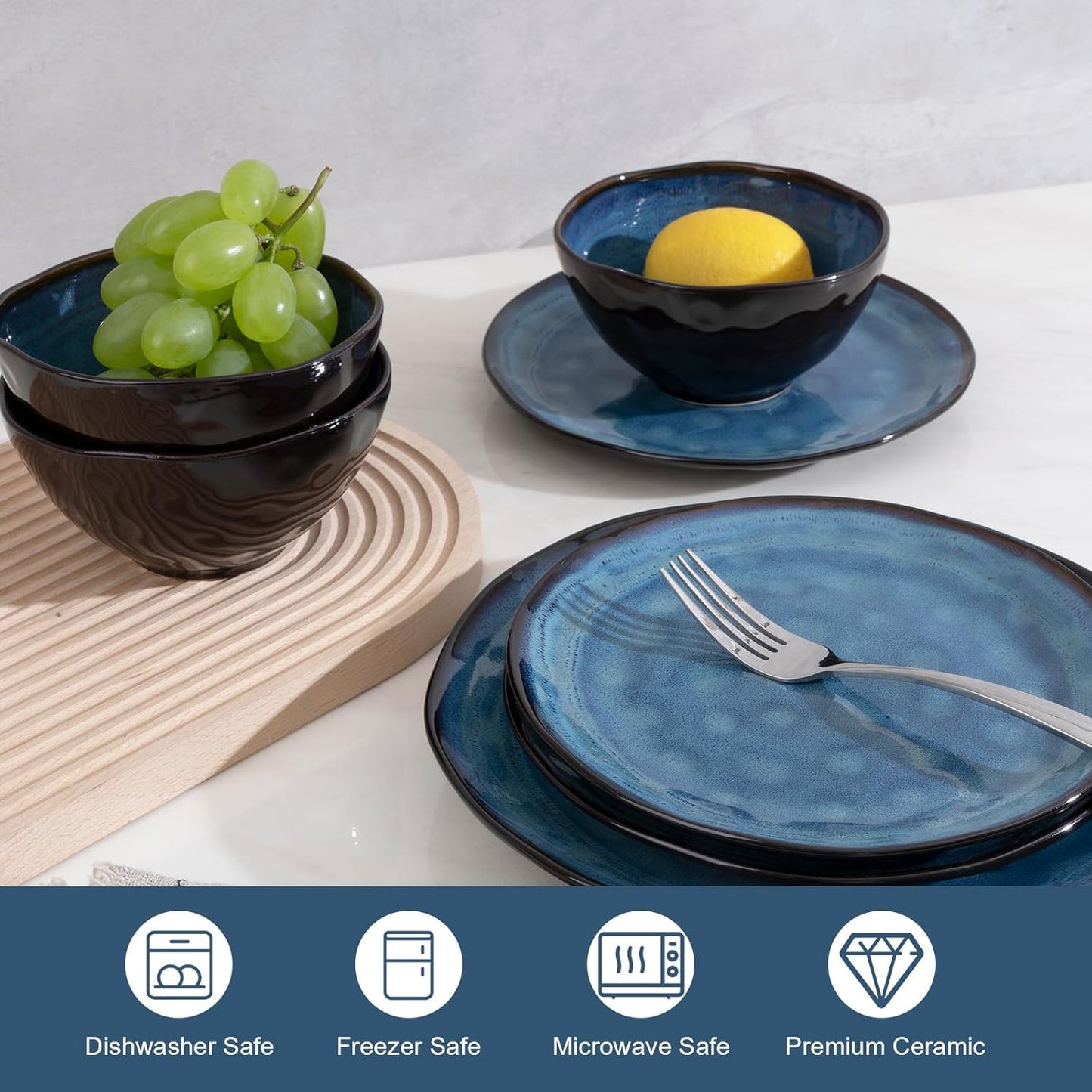 Dinnerware Set Blue 12 Pieces Service for 4, Stoneware Plates and Bowls Set Stoneware Set, Dishwasher Microwave Safe Dishes set