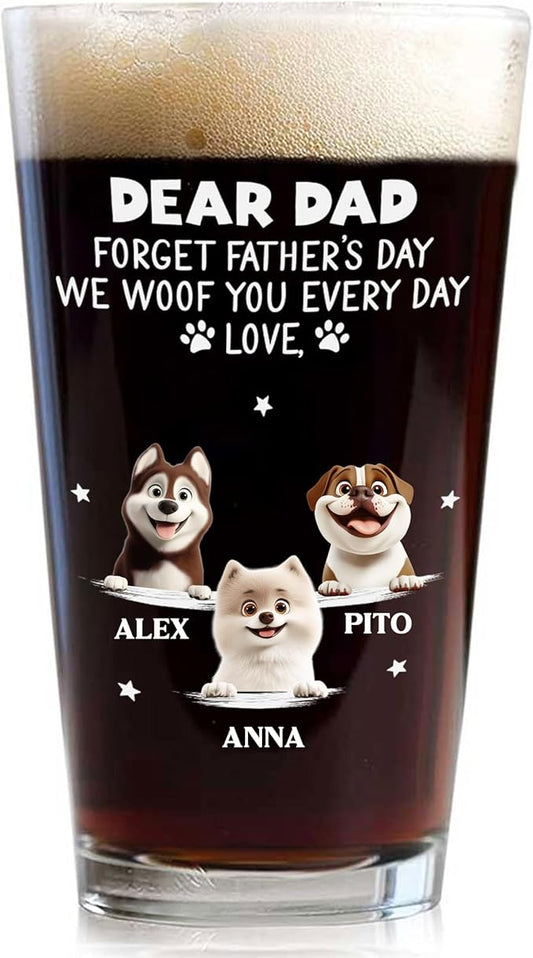 Wrappiness Best Mom Dad Logo Personalized Custom Beer Glass - 16oz Glassware for Beer Soda Cocktails - Gift for Dog Lovers, Father's Day, Birthday Gift for Parents (B08, 3 Dogs)