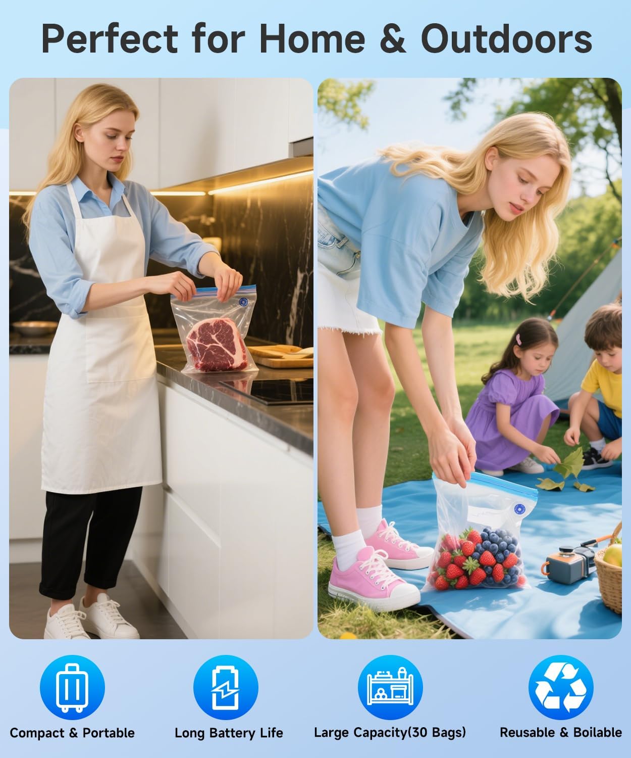 Handheld Vacuum Sealer for Food, Compact Vacuum Sealer Machine with 30pcs Reusable Vacuum Bags, Portable Cordless Save Food Kit with 10S+10M+10L, Food Storage for Freezer, Black