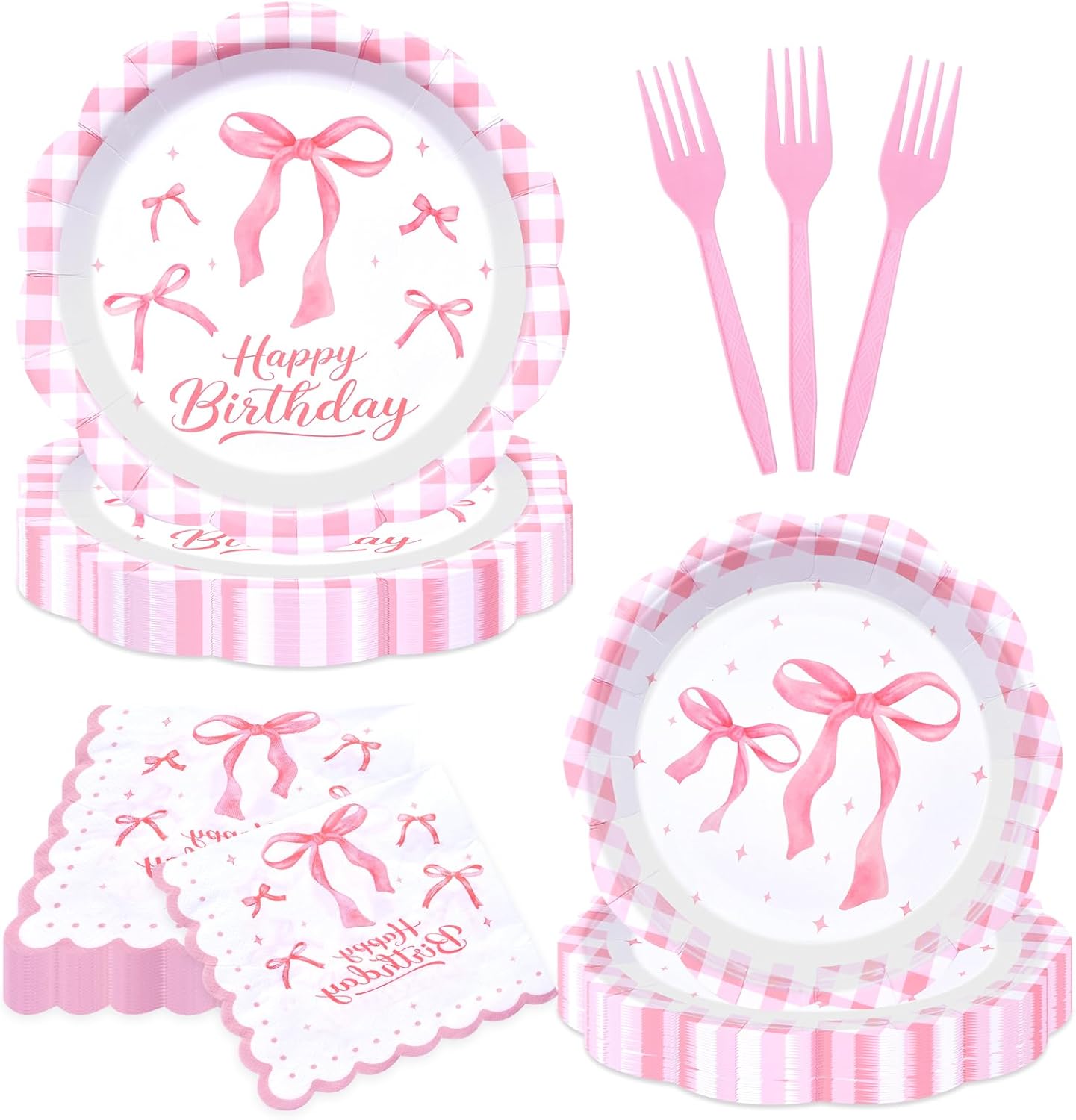 96 Pieces Pink Happy Birthday Tableware Set Party Supplies – Scalloped Bow and Gingham Themed Disposable Dinnerware with Paper Plates, Napkins, and Forks for Girls Birthday Celebrations – Serves 24