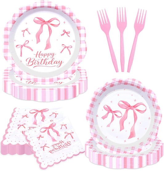 96 Pieces Pink Happy Birthday Tableware Set Party Supplies – Scalloped Bow and Gingham Themed Disposable Dinnerware with Paper Plates, Napkins, and Forks for Girls Birthday Celebrations – Serves 24