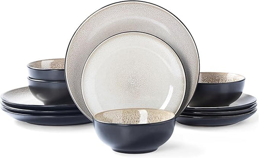 Plates and Bowls Sets for 4 - CJDC-QUELO 12-Piece Stoneware Dinnerware Sets, Ceramic Dishware Set for Kitchen Use and Formal Dining, Chip and Scratch Resistant Microwave Dishwasher Safe, Brown