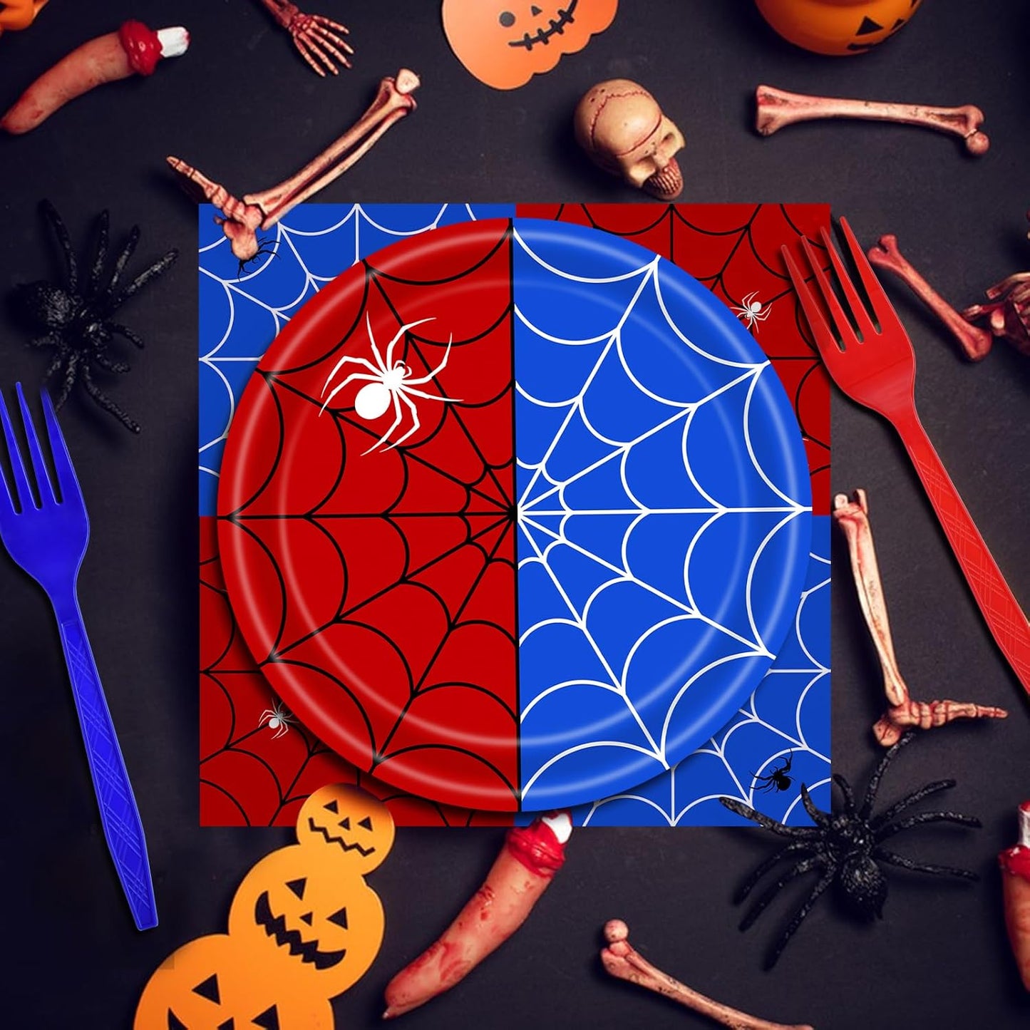 100 Pcs Spider Web Tableware Party Supplies – Disposable Red and Blue Web Paper Plates, Napkins, and Forks for Superhero Birthdays, Kids Parties, and Comic Theme Celebrations – Serves 25