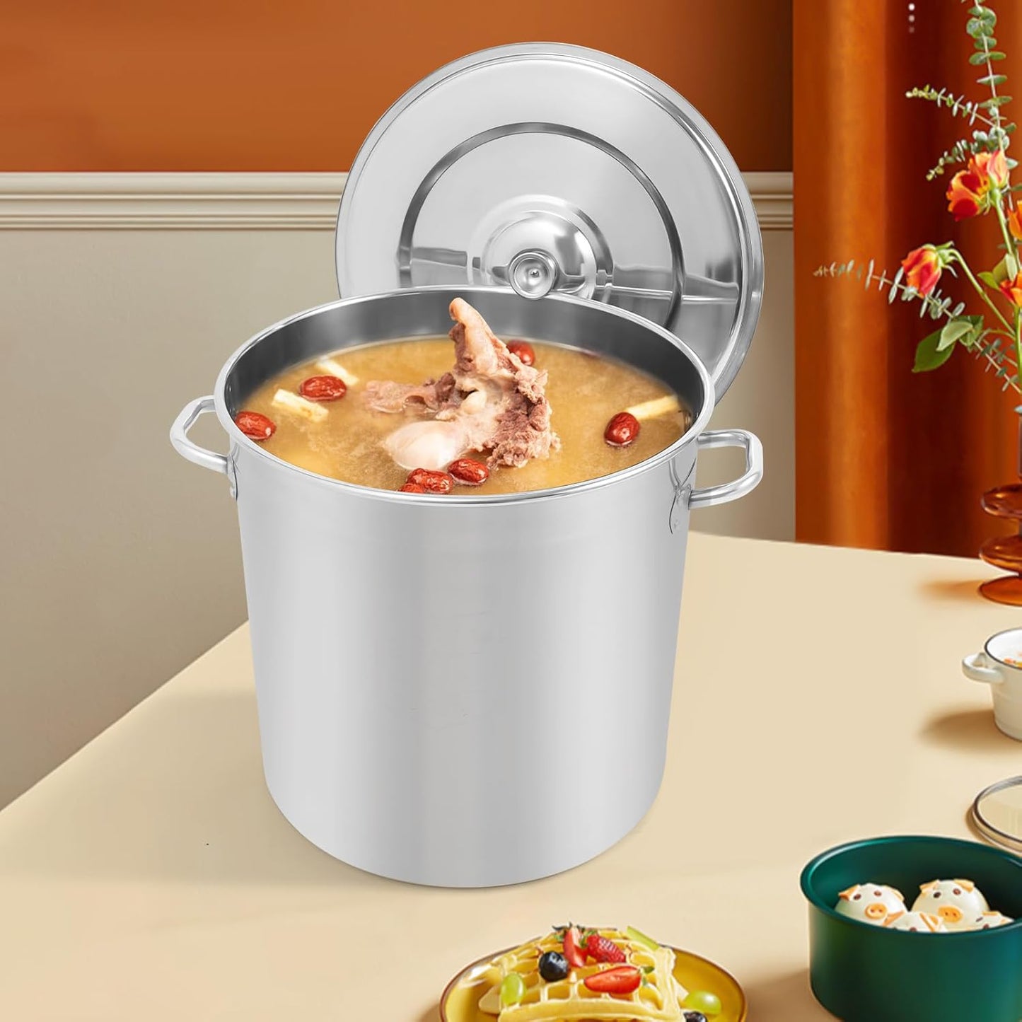 Stock Pot with Lid, 304 Stainless Steel Big Pots for Cooking, 50 Quart Stockpots with Hanging Lid and Handle, Anti-Corrosion, Anti-Rust, Used for Induction Stoves, Gas Stoves, Electric Stoves