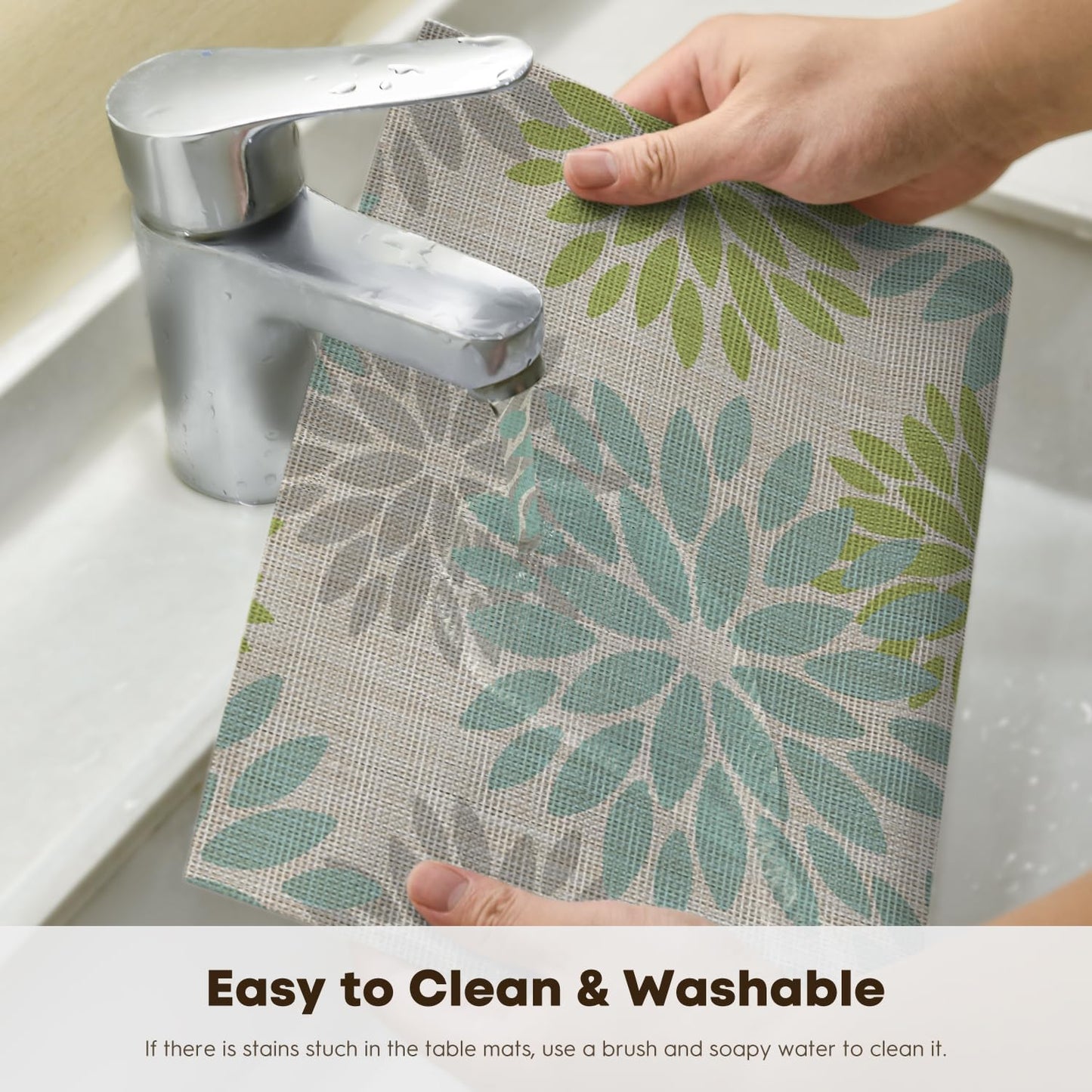 Artoid Mode Floral Vinyl Placemats Set of 4, Heat Resistant Washable Non-Slip Plistic PVC Place Mats for Party Kitchen Dining Decor, Sage