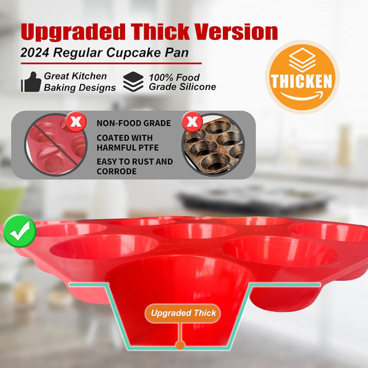 12 Cup Regular Silicone Cupcake Pan - Non Stick, Thickened