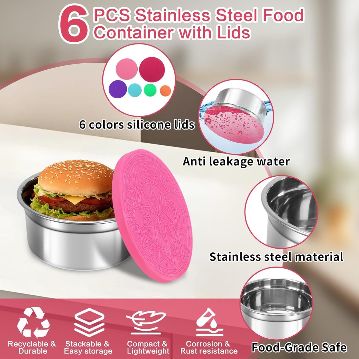 6 Pack Reusable Stainless Steel Snack Containers with Lids Set, Round Nesting Salad Dressing Container To Go, Metal Food Storage Containers for Lunch Box Meal Prep Bowls (Size 38, 24, 12, 6, 4, 2oz)