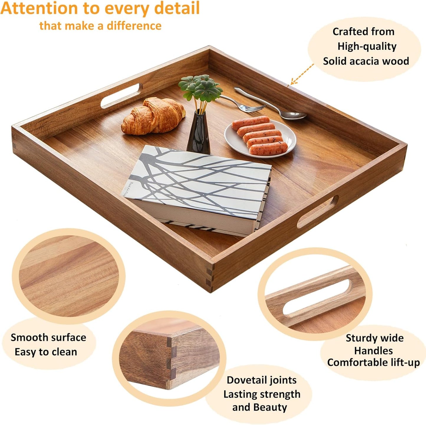 Large Trays for Ottoman Wooden Square Ottoman Tray 22 Inch Serving Tray with Handles Acacia Wood Tray for Living Room Wooden Trays with 4PCS Wood Coasters