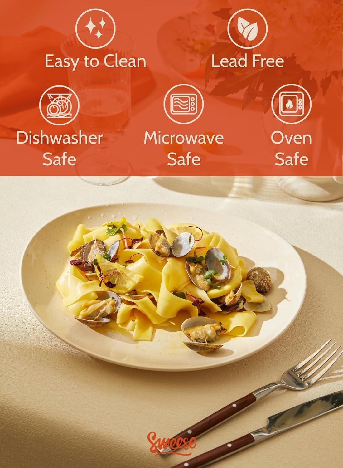 Sweese 11 Inch Porcelain Dinner Plates, Set of 6 - Beige, Vitrified China, Curve Collection, Dishwasher Microwave Safe