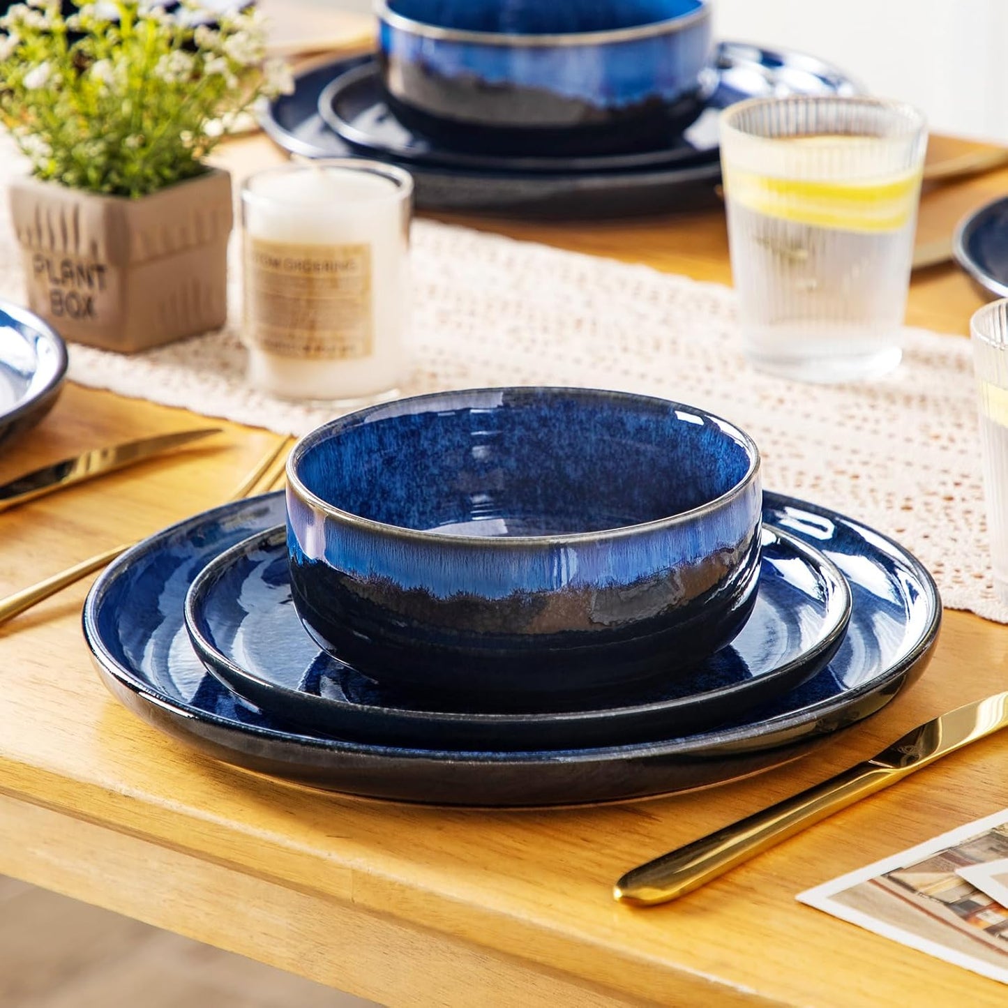 vancasso Starry 18 Pieces Dinnerware Sets for 6, Blue Reactive Glaze Dishes Sets, Ceramic Plates and Bowls Set, Dinner Salad Dessert Plates, and Cereal Bowls Set, Dishwasher and Microwave Safe
