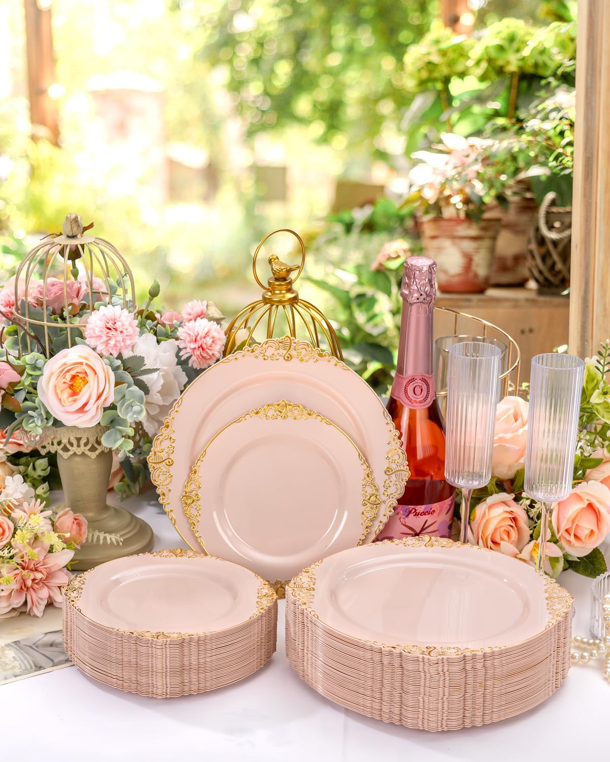 200PCS Pink and Gold Plates - Pink Plastic Plates - Fancy Disposable Plate with Gold Rim - Vintage Wedding Dinner & Dessert Plate for 100 Guests for Wedding & Party & Bridal Shower