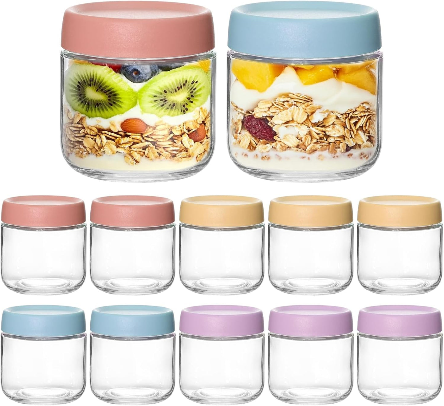 KEYWING 12 Pack Overnight Oats Containers With Lids, 10 oz Wide Mouth Mason Jars with Airtight Lids, Meal Prep Containers Food Storage Glass Jars in Bulk for Snack Yogurt Salad Spice Cereal