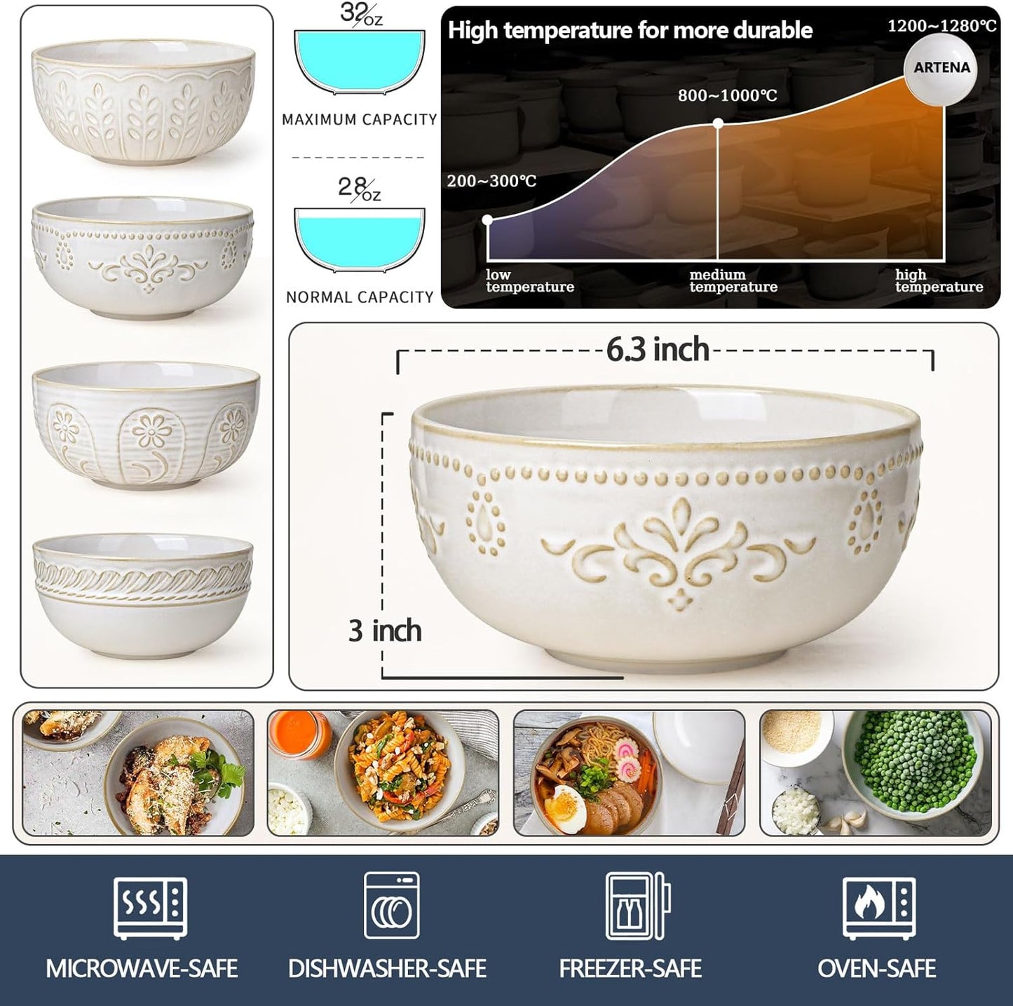 Artena Soup Bowls 32 OZ, Cereal Bowls Set of 4, Embossment Ceramic Ramen Bowl, 6.3 Inch White Salad Bowls, Large Dinner Bowl for Pho, Noodle, Pasta, Snack, Dishwasher Microwave Safe, Multiple Patterns