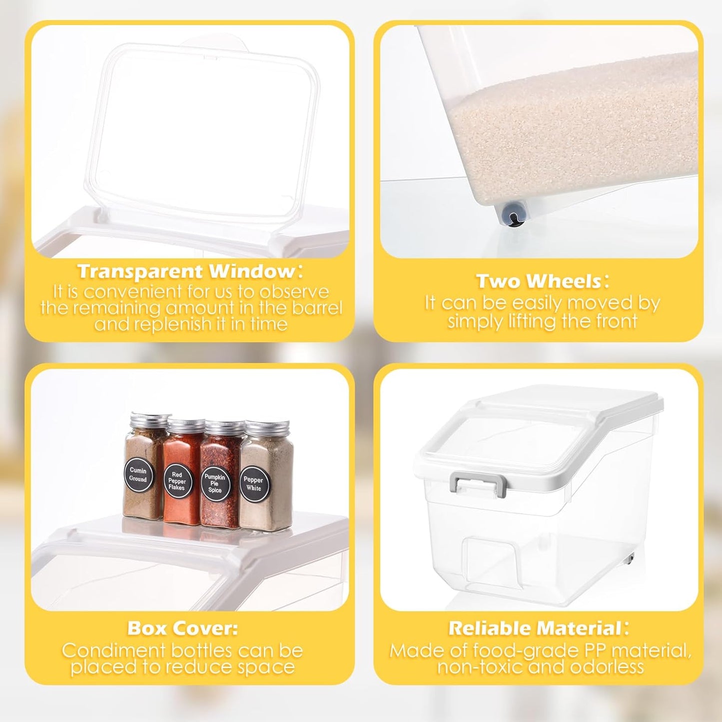 Sunnyray 4 Pcs Rice Storage Container 28 lb Airtight Flour Container with Wheels Measuring Cup Clear Pet Food Cube Dog Birds Cat Food Bin Grain Cereal Organizer Box for Dry Baking Supplies(White Lid)