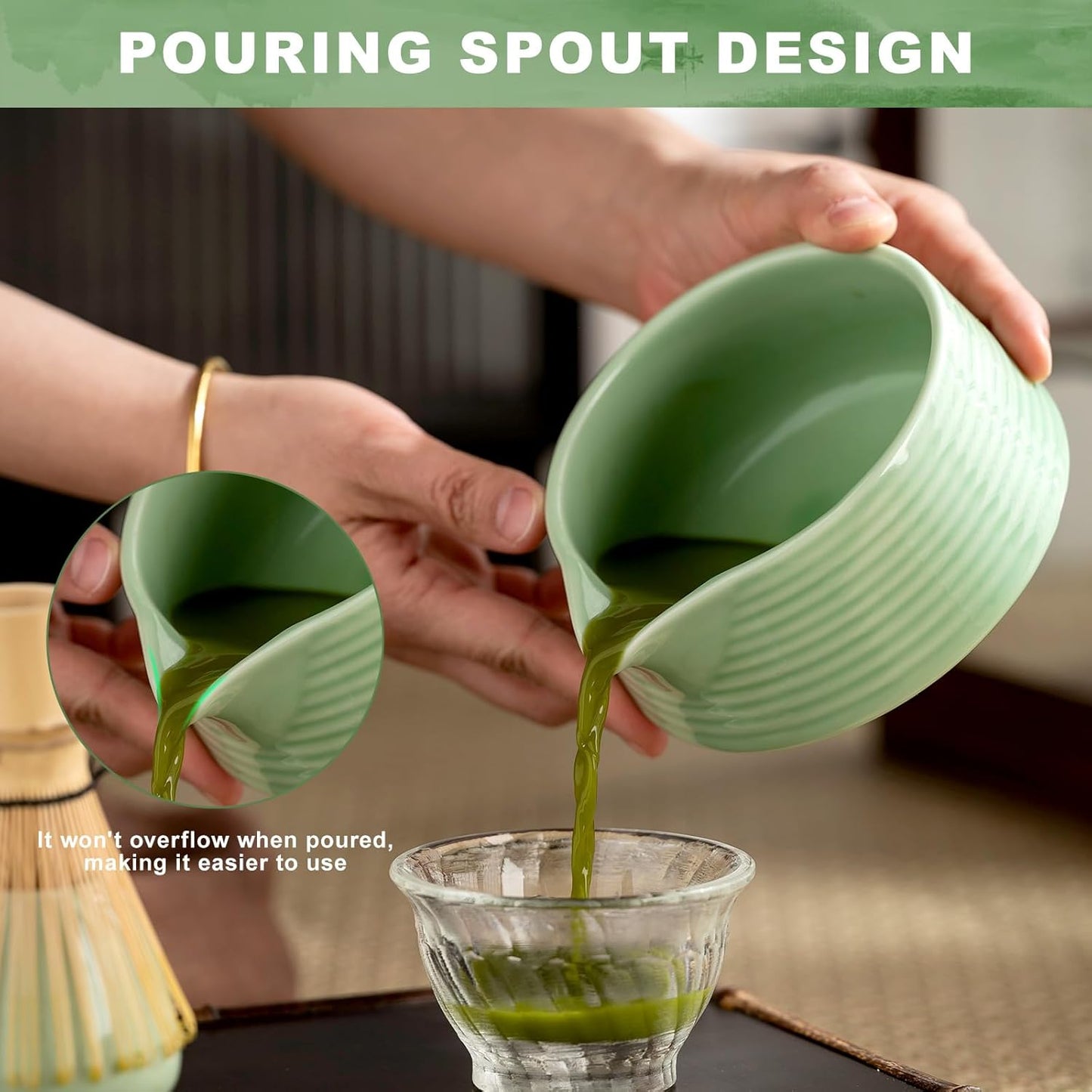 Matcha Whisk Set,(8Pcs) Includes Ceramic Matcha Bowl, Whisk, Holder, Scoop and Spoon, Rest, Sifter, Tea Towel,Traditional Tea Ceremony Set Gift(Green)