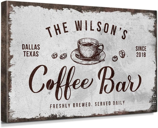 IPIC - Custom Tailored Canvas Coffee Bar Sign, Large Personalized Wall Art with Family Name, Rustic Style Wall Decor for Home, Kitchen or Business, Made in USA