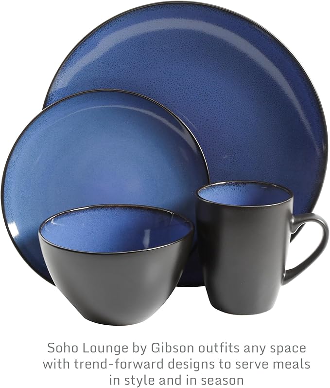 Gibson Elite Soho Lounge Round Reactive Glaze Stoneware Dinnerware Set, Service for 4 (16pc), Blue, Soho Round.