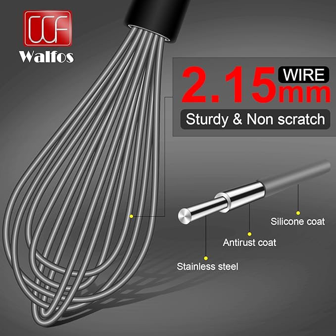 Walfos Whisk, Silicone Whisks Set of 5, Mini Stainless Steel Whisk 7in+5in and Non Scratch Coated 7+9+11in Whisks, Suitable for Blending, Whisking, Beating, Frothing & Stirring. (Grey)