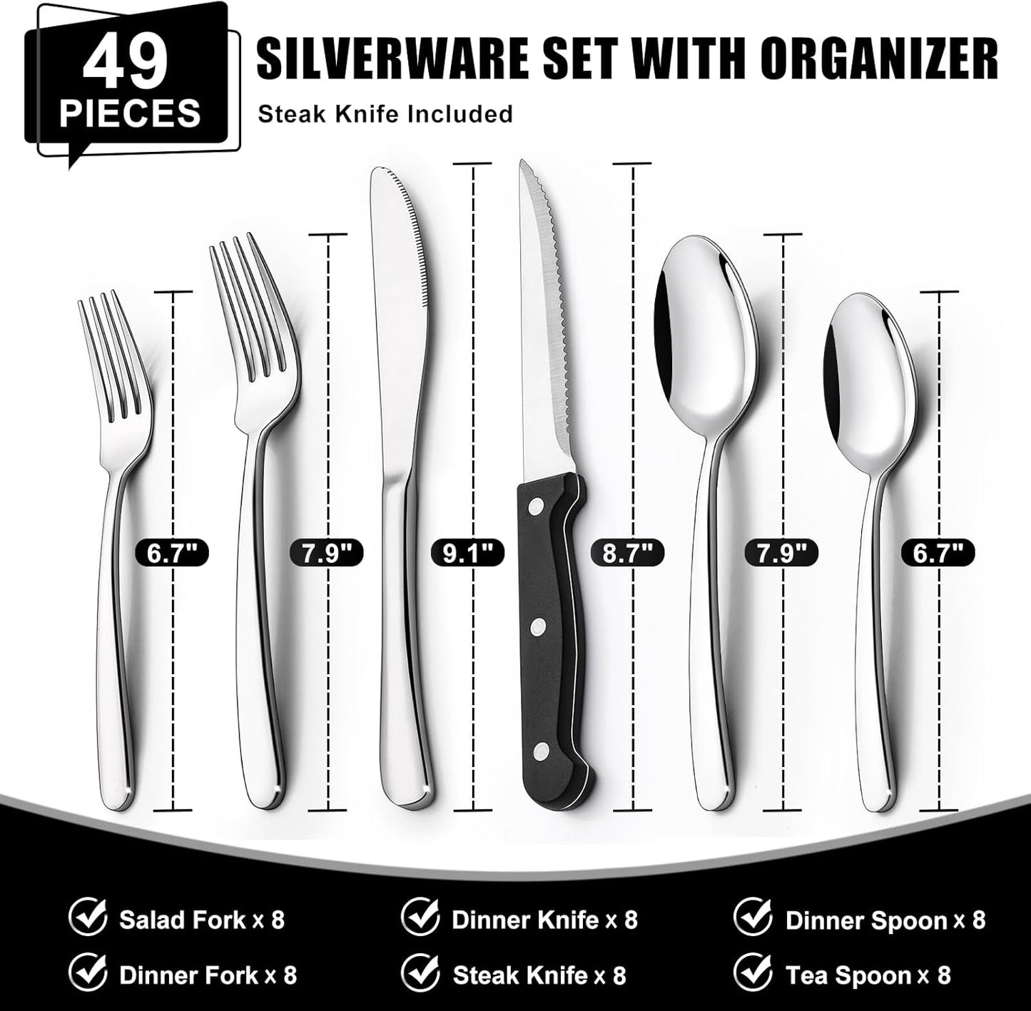 49-Piece Silverware Set with Organizer, Heavy Duty Stainless Steel Flatware for 8, Cutlery Utensil Sets with Steak Knives, Rust-proof, Mirror Polished, Dishwasher Safe