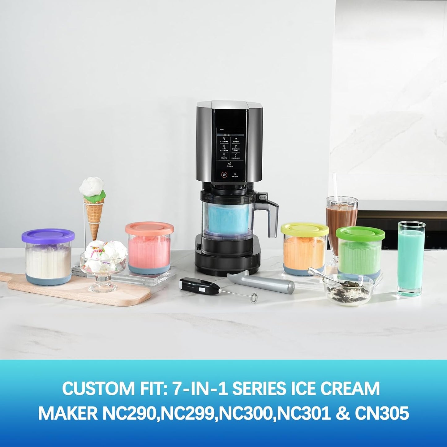 for Ninja Creami Containers, Compatible with NC299AMZ & NC300s Series Creami Ice Cream Makers, 16OZ Creami and Lids 4 Pack, Extra Cups Replacement for Ninja Creamy Pints, Airtight Dishwasher Safe