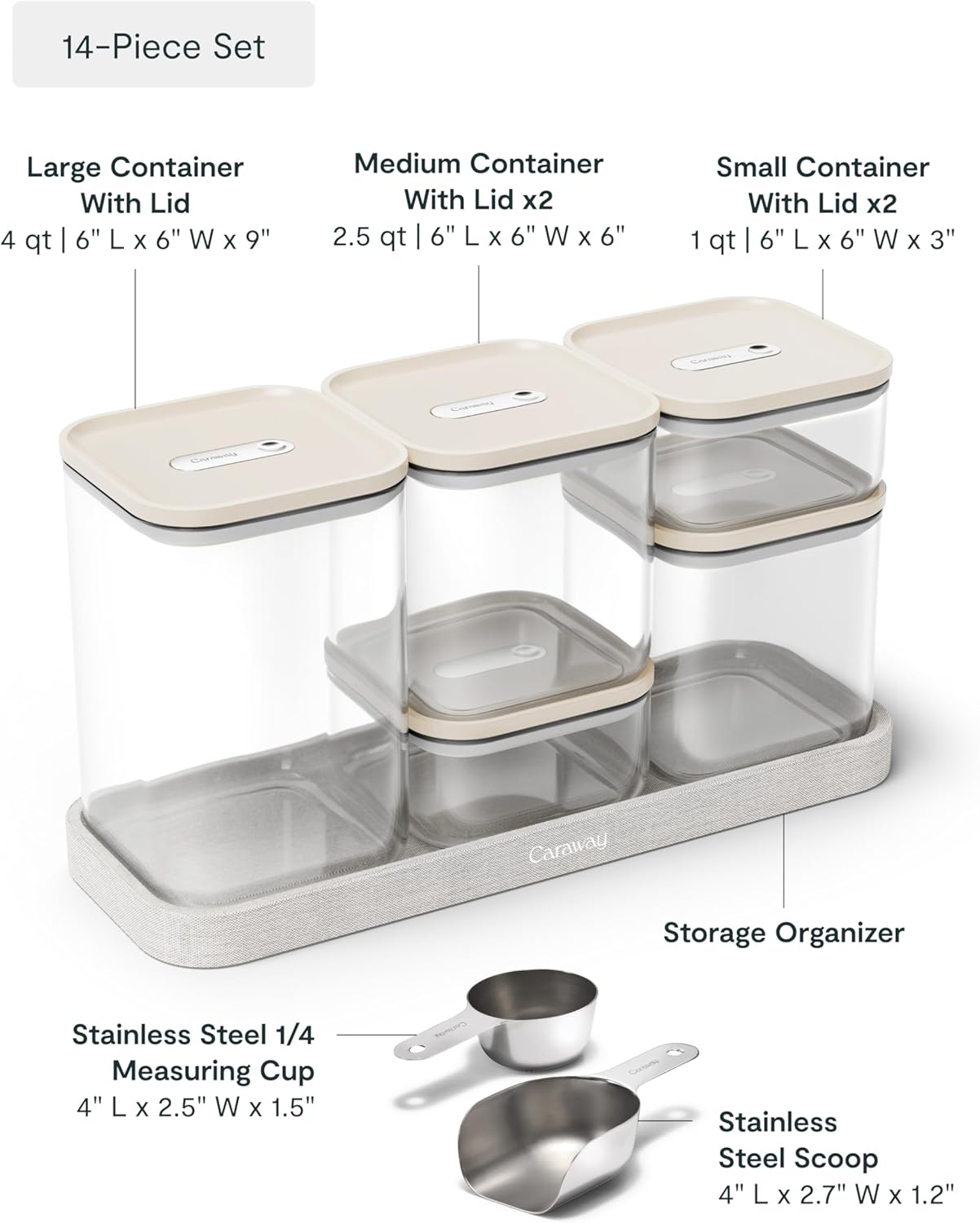 Caraway 14-Piece Glass Airtight Food Storage Containers with Lids – Non-Toxic, BPA-Free Kitchen Storage Containers – Stackable, Space-Saving Airtight Containers for Dry Goods and More - Cream