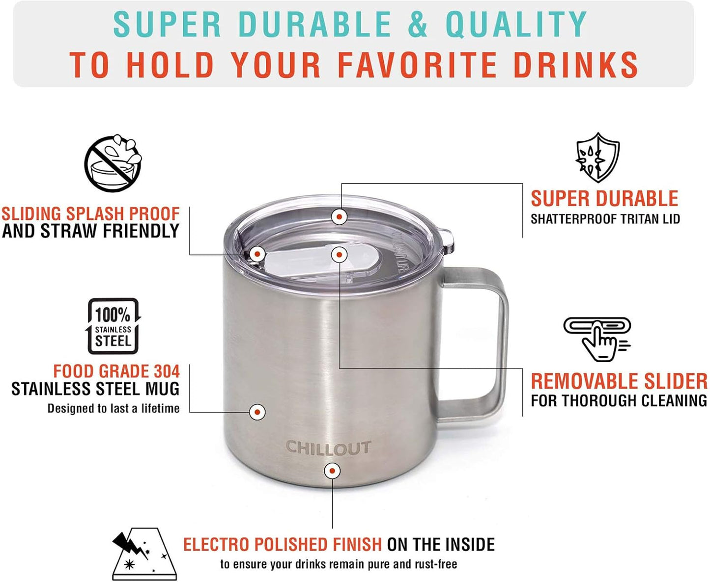 CHILLOUT LIFE Stainless Steel 16 oz Vacuum Insulated Coffee Mug with Handle and Lid, Large Thermal Camping Coffee Mug Cup with Durable Sliding Lid for Men & Women, Keeps your Beverages Hot & Cold