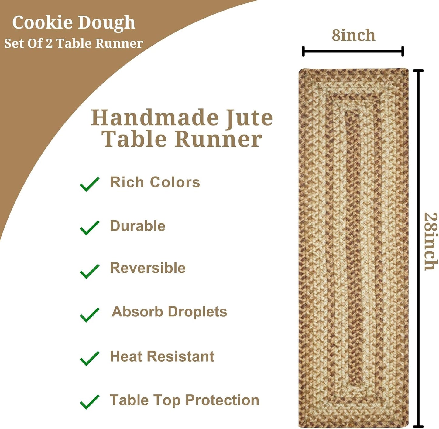 Homespice Cookie Dough Jute Braided Dinner Table Runner, Rustic Country Decor, Set of 2, Brown Rectangle 8x28 - Rich Colors, Easy to Clean, Durable and Protects Furniture