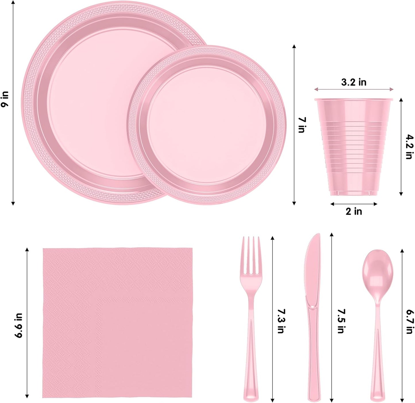 Party Solids 350 Pieces Pink Plastic Plates For Party, Pink Disposable Plates Set, 50 Of Each 9" Dinner Plate Set, 7" Dessert Plate, Cups, Napkins & Cutlery Plastic Dinnerware