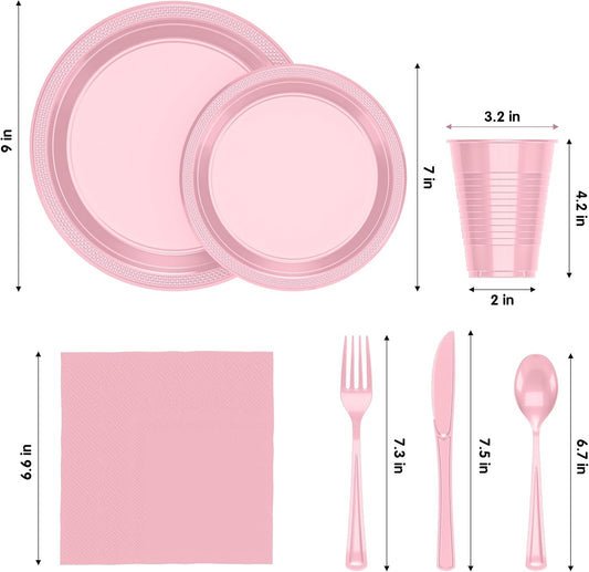 Party Solids 350 Pieces Pink Plastic Plates For Party, Pink Disposable Plates Set, 50 Of Each 9" Dinner Plate Set, 7" Dessert Plate, Cups, Napkins & Cutlery Plastic Dinnerware