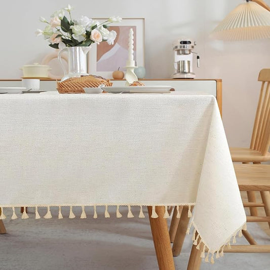 JIALE Textured Tablecloths, Heavy Duty Cotton Linen Farmhouse Table Cloth Rectangle Table, Waterproof Wrinkle-Free Rectangle Tablecloth for Kitchen, Dining, Parties, 55"x106", Ivory